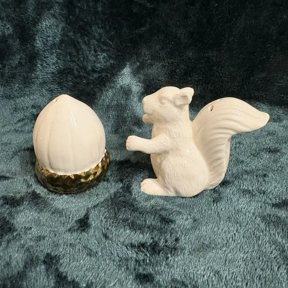 Ceramic Squirrel And Acorn White And Gold Salt And Pepper Shakers